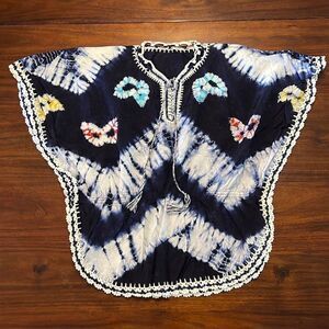 Blue White Tie Dye Embroidery Hem Bat Wing Top Blouse Women’s Medium